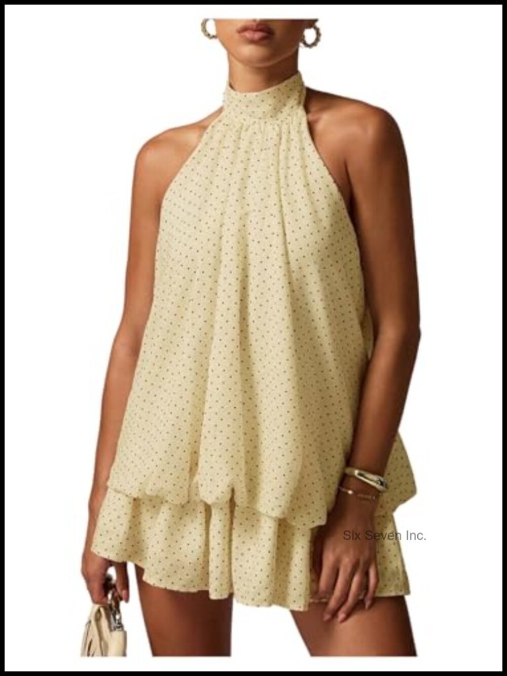 Women's Halter Neck Polka Dot Chiffon Mini Dress Summer Party Ruffle Tie Back